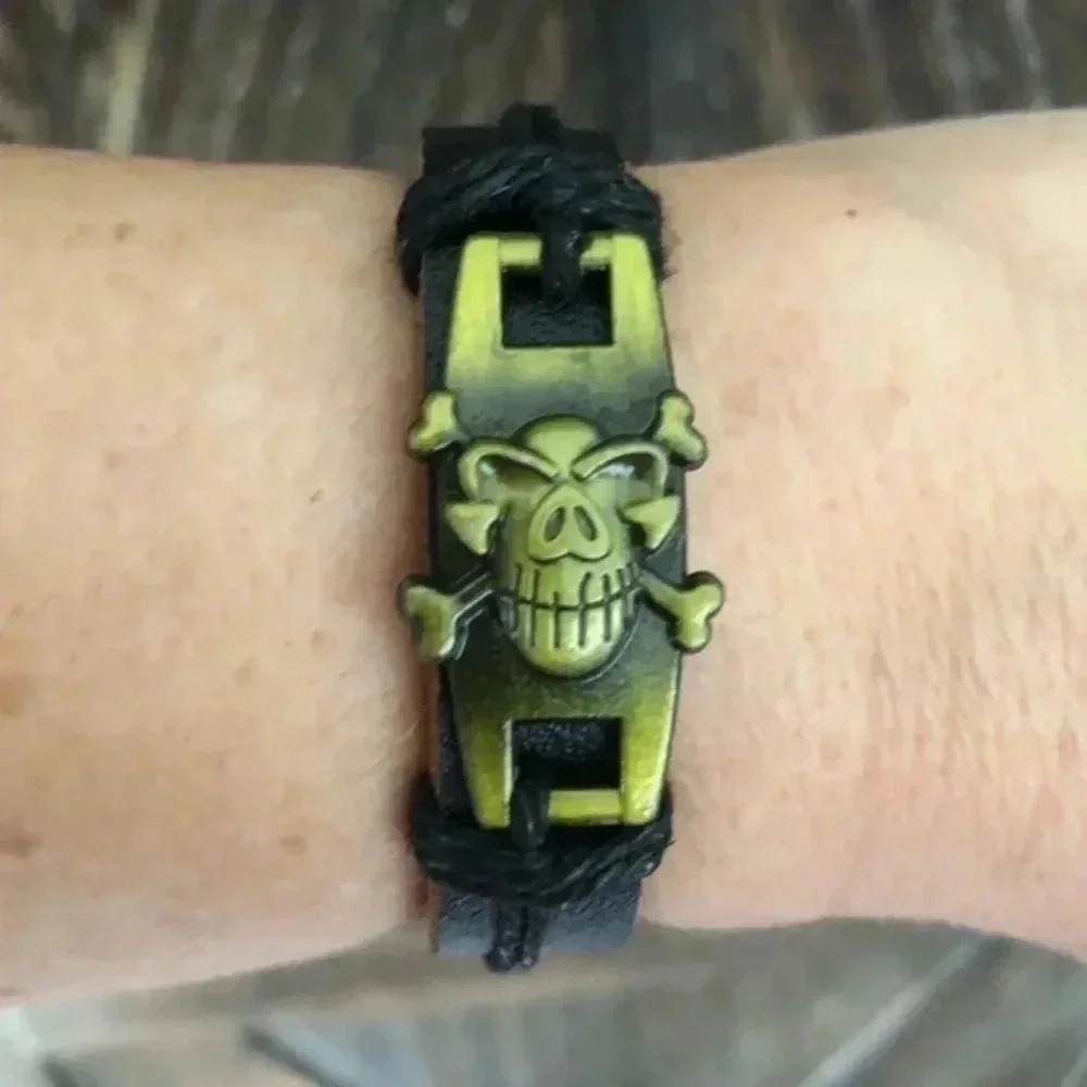 Bronze Skull Crossbones Leather & Hemp Adjustable Bracelet C NWT